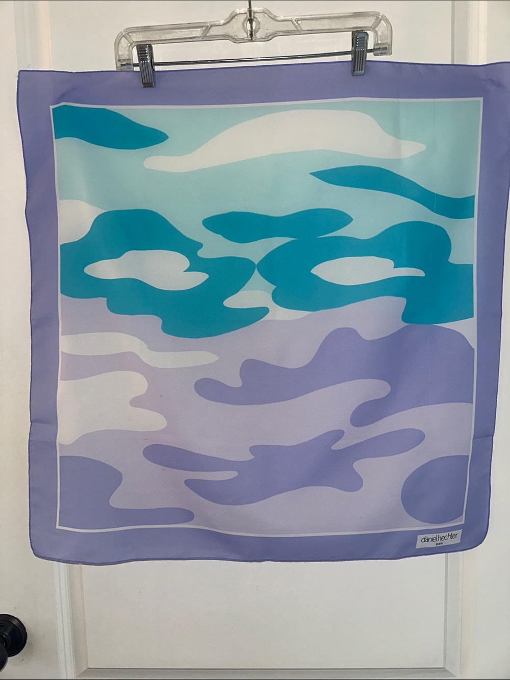 Vintage 70s Daniel Hechter Lavender, Teal and White Abstract Wave Pattern Scarf